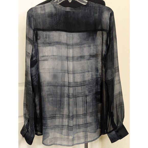 Eileen Fisher Top Womens L Gray Ombre Sheer Silk Button Blouse Mandarin Collar - Picture 3 of 4